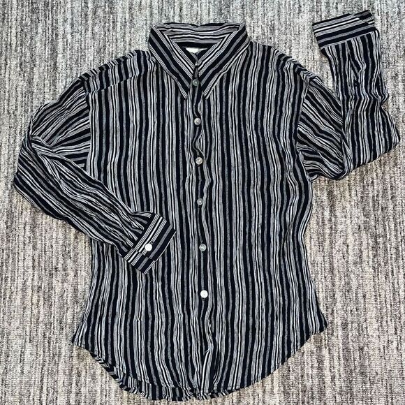 Carry Back Petite Women’s Sz 12 Crinkle Button Down Shirt Black Striped VTG‎ USA - Picture 1 of 7